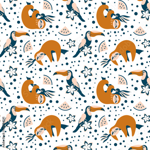 Seamless pattern with cute sloths  toucans and watermelon on white background. Exotic print in trendy scandinvian colors. Vector illustration.
