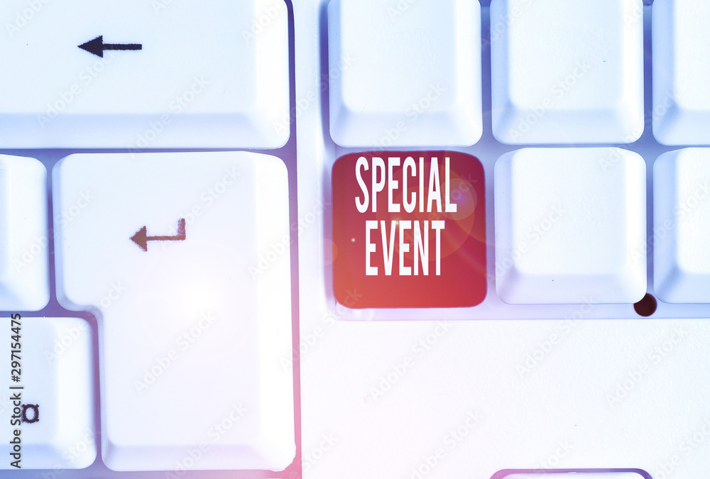 Writing note showing Special Event. Business concept for Function to generate money for non profit a Crowded Occassion White pc keyboard with note paper above the white background Writing note showing Special Event. Business concept for Function to generate money for non profit a Crowded Occassion White pc keyboard with note paper above the white background