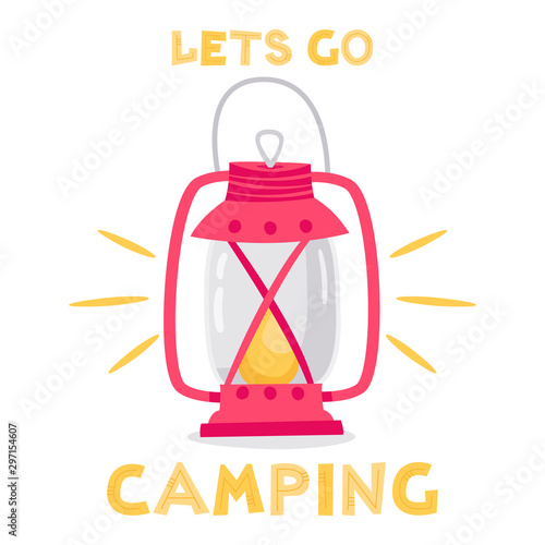 Lets go camping vector illustration. Red coal oil lamp isolated on white background. Vector flat cartoon illustration