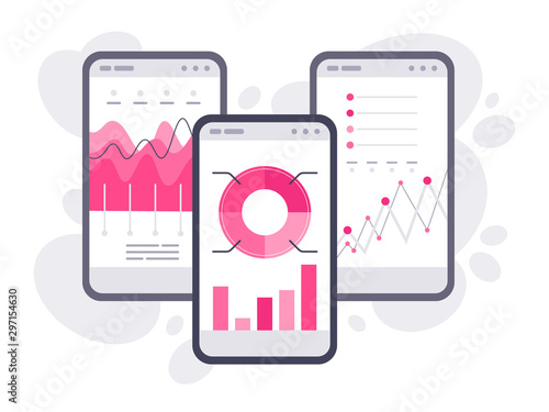 Market trend analysis on smartphones with line chart and graphs. Visualise with graph and chart marketing growth. Data analysis concept. Set of cellphones with line charts and different schedules