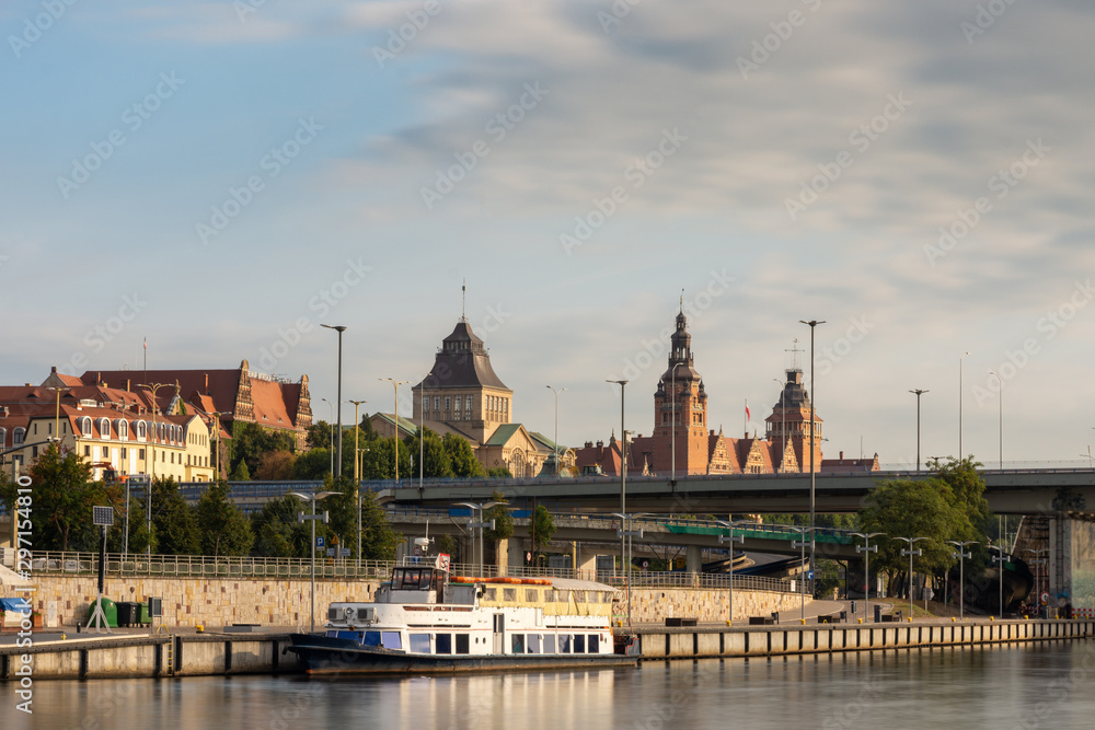 Yacht and historical buildings in Szczecin