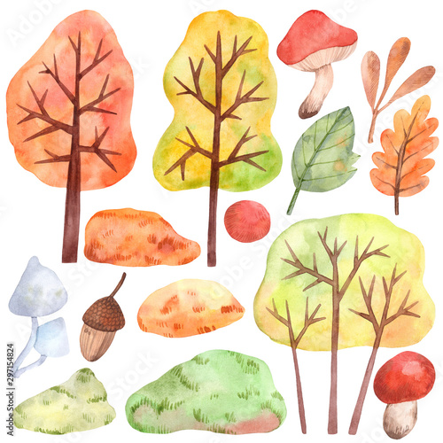 Watercolor trees, bush and land for creating and designing. Designer