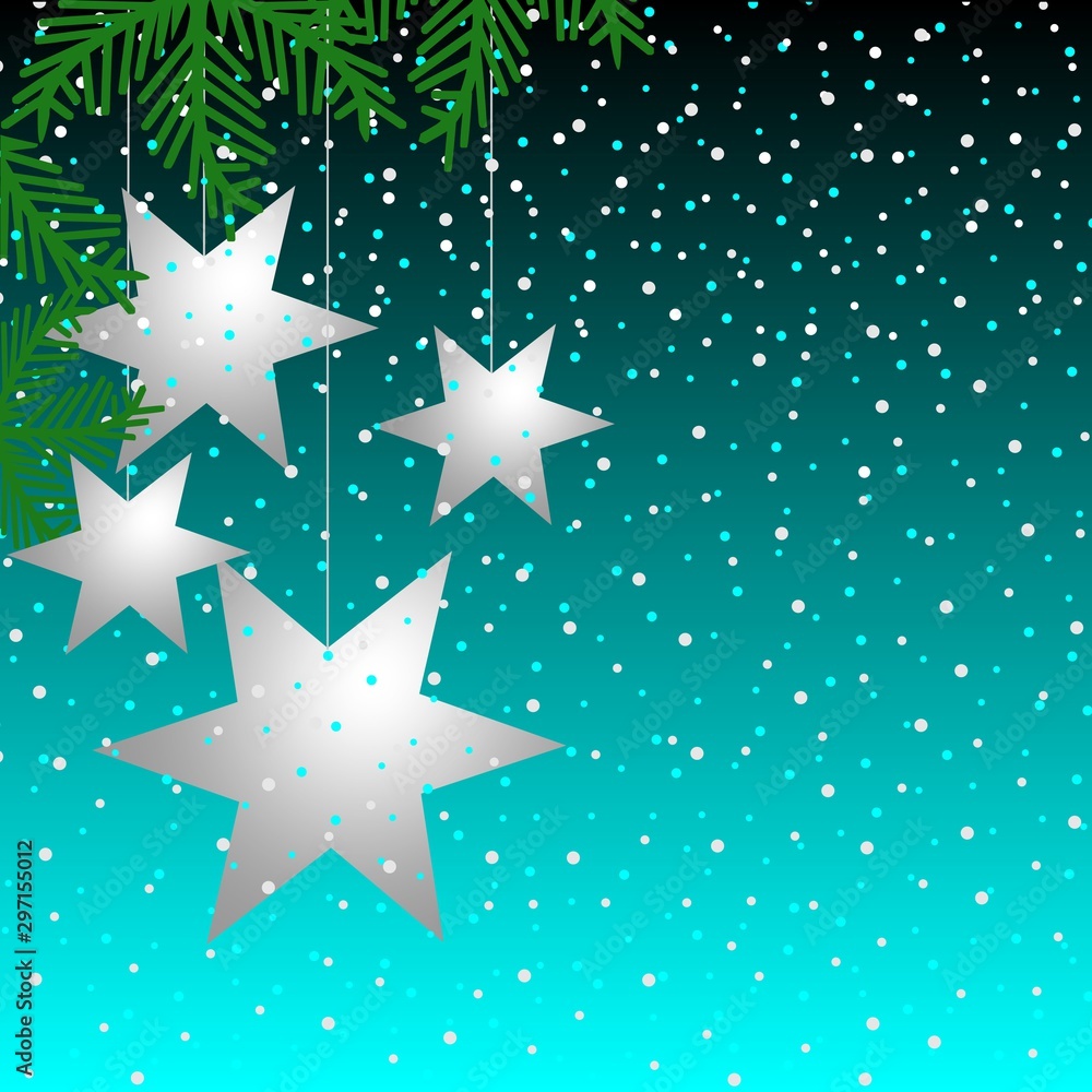 Obraz premium Black and blue background with confetti, silver stars and branches Christmas tree. Merry Christmas and Happy New Year.
