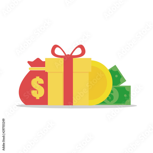 gift box with ribbon and bug, bonus money, earn points, loyalty program, win prize, cash back for purchase, birthday present, vector flat icon and white background