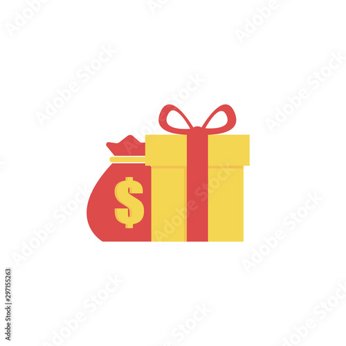 gift box with ribbon, bonus money, earn points, loyalty program, win prize, cash back for purchase, birthday present, vector flat icon and white background