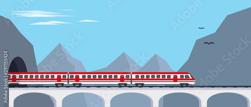 Passenger express train on bridge from tunnel in mountains. Travaling by train concept or banner vector illustration.