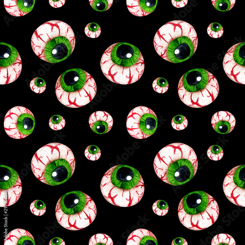 Watercolor seamless pattern with creepy eyeballs  on a black background. For invitation design, t-shirts, print on wrapping paper. Halloween Party Pattern