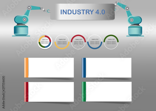 Smart factory concept showing color timeline, four blank white labels and robots holding a sign Industry 4.0 on assembly line in factory interior. 