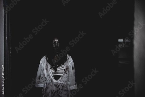 Portrait of asian woman make up ghost face with blood,Horror scene,Scary background,Halloween poster,Thailand people photo