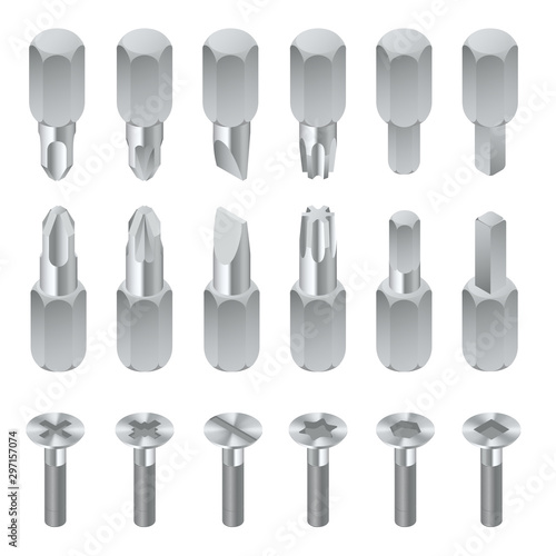 Isometric set of bits for screwdriver isolated on white background. . Metal bits for screwdriver. Hand tools for repair and construction.