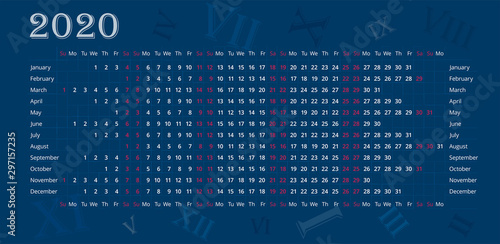 Wall calendar of 2020 year on deep blue background with Roman numerals. Sundays and saturdays is highlighted red. Vector editable template. Horizontal poster