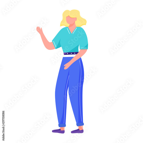 Standing young woman flat vector illustration. Active sociable student in casual clothes. Dancing youngster. Full body gesturing blonde girl isolated cartoon character on white background