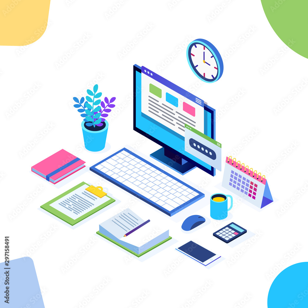Working process. Time management. 3d isometric office workplace with computer, laptop, pc, mobile phone, coffee, clock, calendar, document. Vector design for banner Working process. Time management. 3d isometric office workplace with computer, laptop, pc, mobile phone, coffee, clock, calendar, document. Vector design for banner
