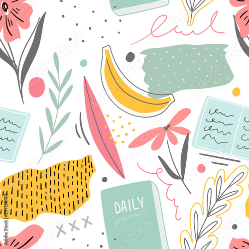 Hand drawn decorative seamless pattern with daily planner, flowers. Modern girly cute background.
