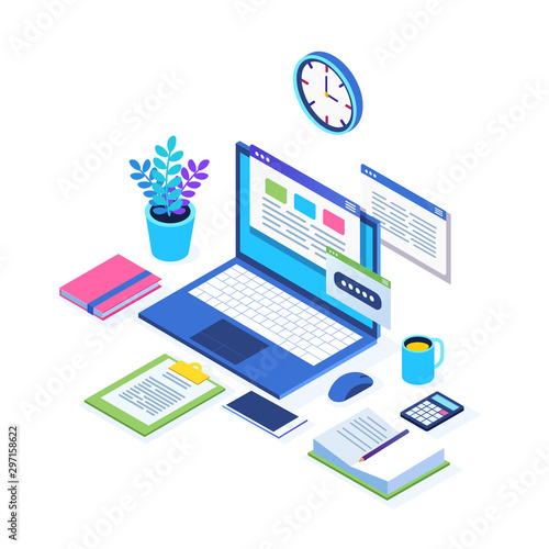 Working process. Time management. 3d isometric office workplace with computer, laptop, pc, mobile phone, coffee, clock, calendar, document. Vector design for banner