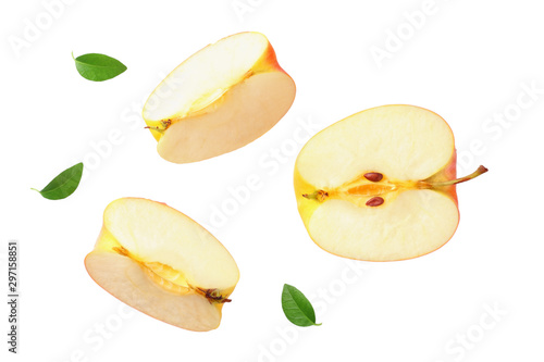 cut of red apple with green leaves isolated on a white background. top view