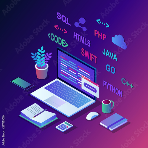 Software development, programming language, coding. 3d isometric laptop, computer with digital application isolated on white background. Vector design