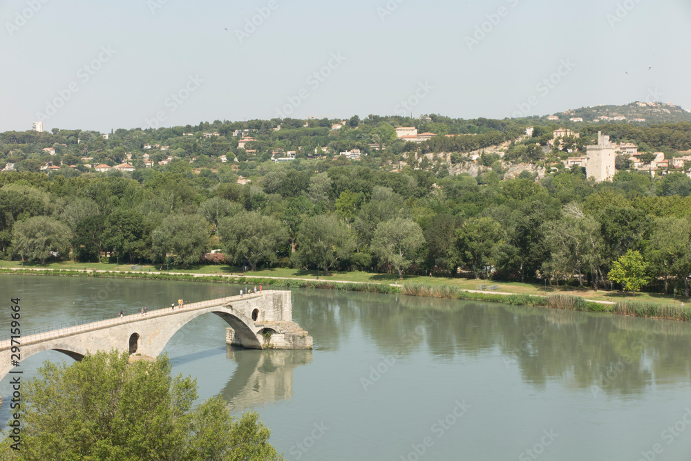 Fototapeta premium The Saint Bénézet bridge, known as the Avignon bridge, facing the city of Villeneuve les vignon. Vaucluse. France. D By DyziO
