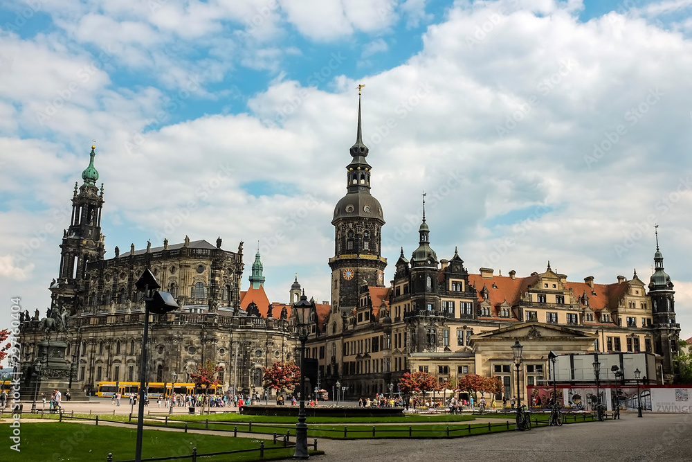 Dresden Cathedral of the Holy Trinity Hofkirche and Dresden Castle Hausmannsturm on Theaterplatz in Dresden, Germany.