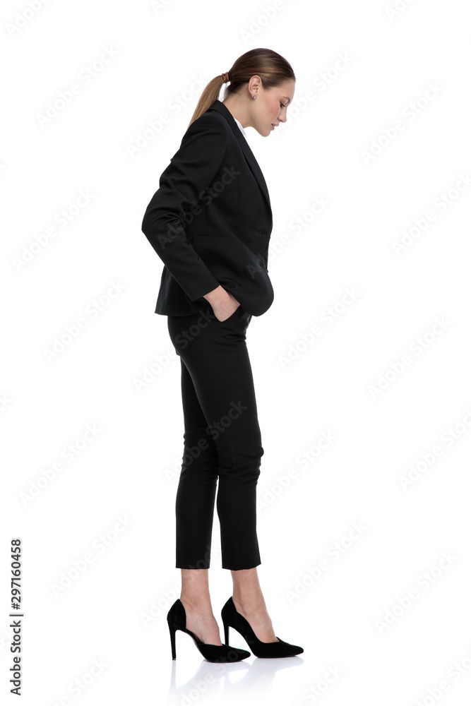businesswoman waiting in line and looking down disappointed businesswoman waiting in line and looking down disappointed