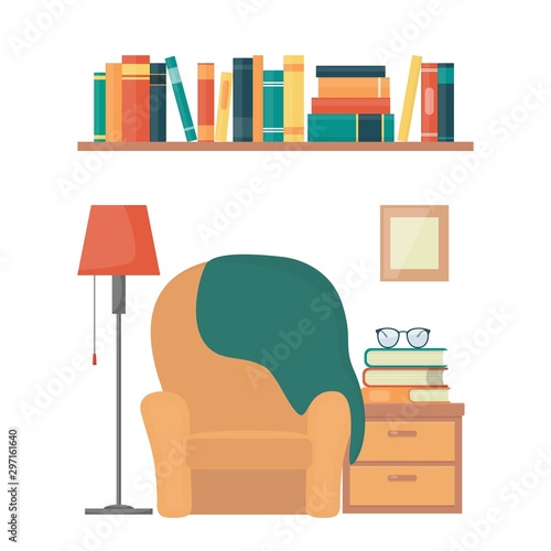 Cozy living room: armchair, nightstand, books, floor lamp, bookshelf. Interior elements of home library. Love reading concept illustration, flat style vector.