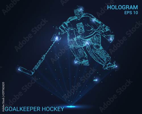 Hologram goalkeeper. Holographic projection hockey goalie. Flickering energy flux of particles. The scientific design of the sport. © newrossosh