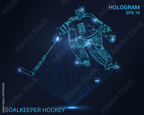 Hologram goalkeeper. Holographic projection hockey goalie. Flickering energy flux of particles. The scientific design of the sport.