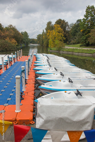 A temporary marina and moored boats on a pond in the Silesian Park in Chorzów