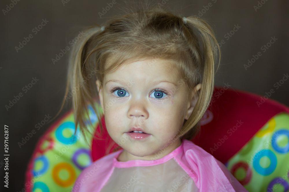 Portrait of little girl with wide opened blue eyes looking aside Portrait of little girl with wide opened blue eyes looking aside