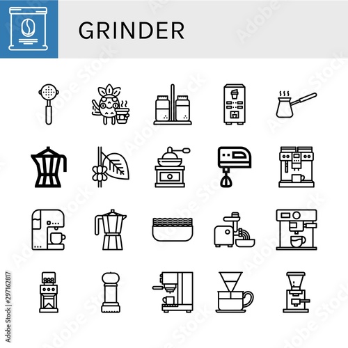 Set of grinder icons such as Coffee bag, Portafilter, Coffee, Salt and pepper, Coffee machine, Cezve, maker, grinder, Electric mixer, Moka pot, Minced meat , grinder