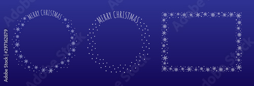Set of three Christmas decorative borders made of snowflakes and snow dots. Greeting text “Merry Christmas” written in thin block letters. Two round, one rectangular frame. White on blue background.
