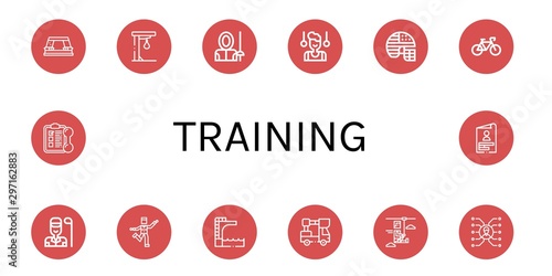 Set of training icons such as Paper punch, Punching ball, Fencer, Gymnast, Football helmet, Bicycle, Golfer, Zumba, Trampoline, Lifter, Zip line, Skill, Training, Skills , training