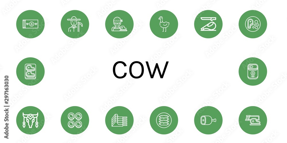 Set of cow icons such as Butter, Farmer, Butcher, Ostrich, Ham, Steak, Cow, Curd, Mutton, Ribs, Condensed milk , cow Set of cow icons such as Butter, Farmer, Butcher, Ostrich, Ham, Steak, Cow, Curd, Mutton, Ribs, Condensed milk , cow