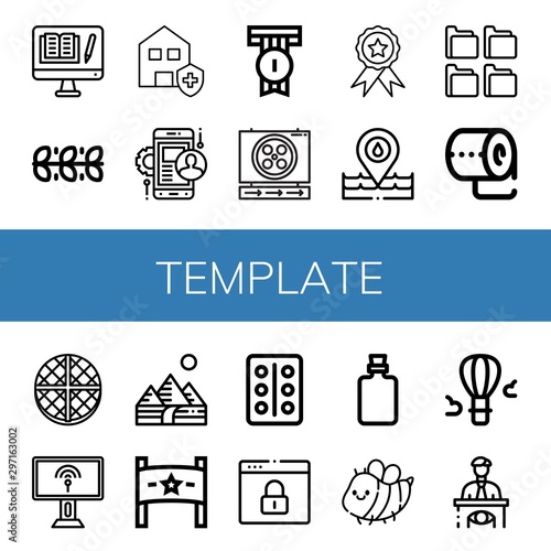 Set of template icons such as Computer, Leaves, Clean house, Mobile app, Badge, Sign, Placeholder, Folders, Toilet paper, Wafer, Pyramids, Banner, Blister pack, Browser , template