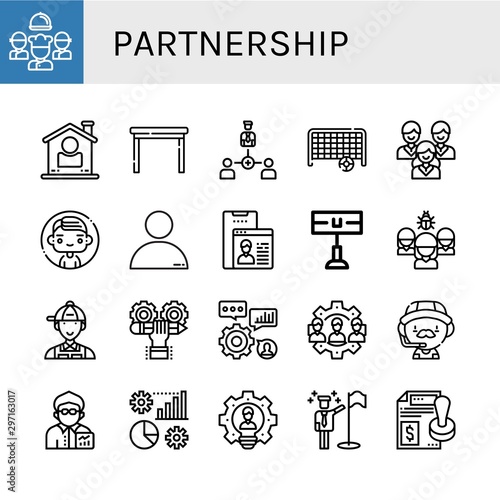 Set of partnership icons such as Team, User, Table, Collaboration, Goal, Man, People, Home team, Organization, Manager, Developer, Skills, Coach, Broker, Management , partnership
