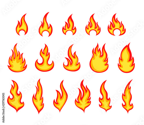 Cartoon fire flames color vector illustrations set