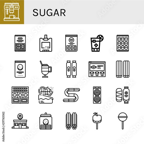 Set of sugar icons such as Coffee maker, Marshmallow, Sugar blood level, Jelly beans, Cuba libre, Chocolate chip, Latte, Chocolate, Candy, Cookies, Gummy, Donut, Donut shop , sugar