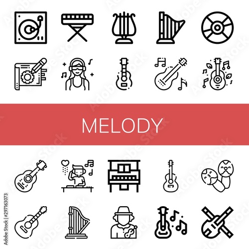 Set of melody icons such as Turntable, Note, Piano, DJ, Lyra, Guitar, Harp, Compact disc, Music, Acoustic guitar, Musician, Maracas, Violin , melody