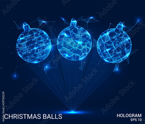 Hologram Christmas balls. Christmas toys made of polygons, triangles of points and lines. Christmas balls are low poly compound structure. The technology concept.