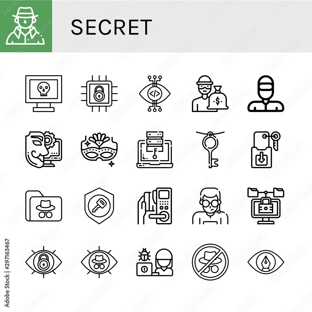 Set of secret icons such as Detective, Hacker, Lock, View, Thief, Anonymous, Carnival mask, Access, Key, Security agent , secret
