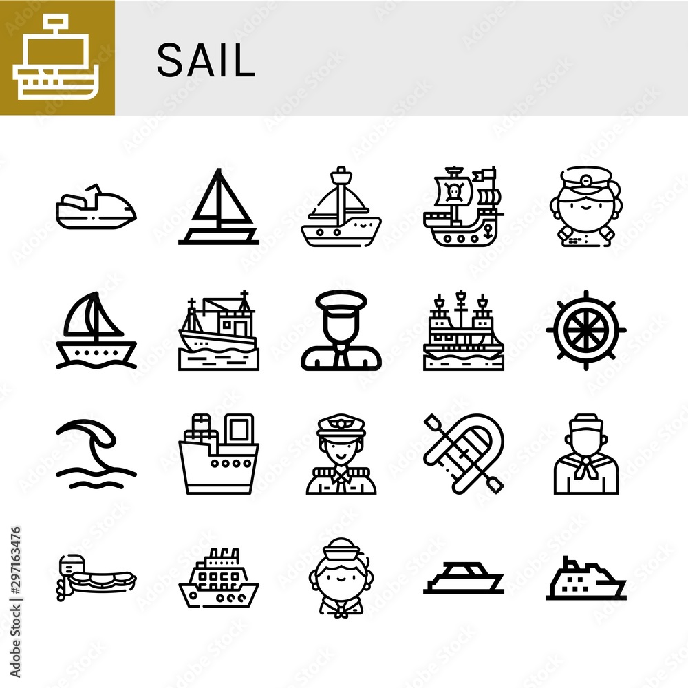 Set of sail icons such as Caravel, Motorboat, Sailing boat, Sailboat, Pirate ship, Captain, Boat, Rudder, Wave, Shipping, Inflatable boat, Sailor, Cruise, Yacht , sail