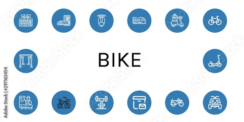 Set of bike icons such as Gym, Subway, scooter, Train, Scooter, Bike, Bicycle, Postal delivery, Sidecar, All terrain, Gym equipment , bike
