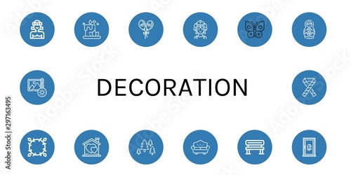 Set of decoration icons such as Muay thai, Candle, Balloon, Kokoshnik, Butterfly, Matryoshka doll, Floral design, Heart, Forest, Sofa, Bench, Door, Brightness, Ribbon , decoration