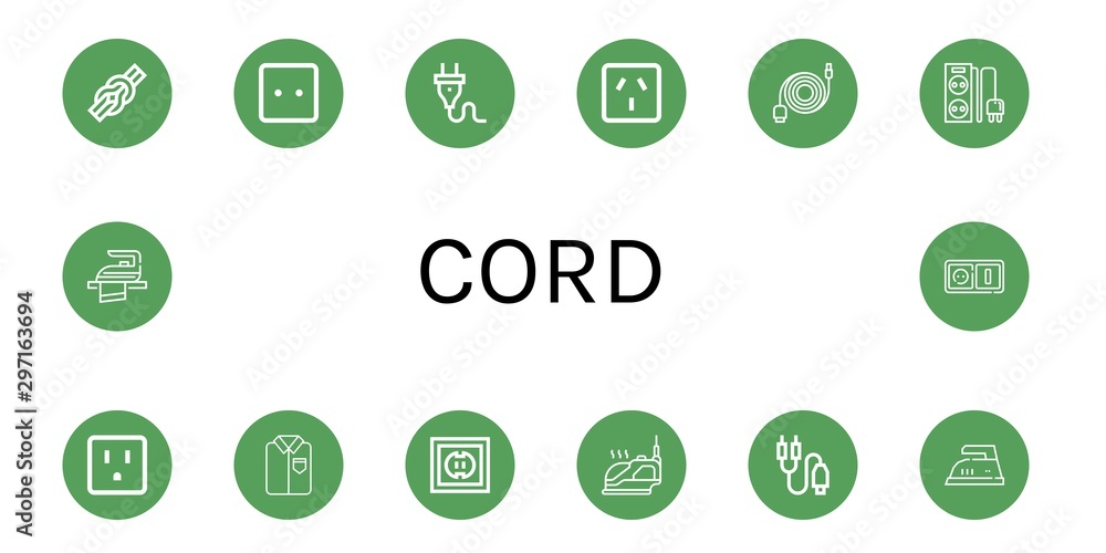 Set of cord icons such as Knot, Socket, Plug, Data cable, Power strip, Ironed, Iron, Jack connector , cord Set of cord icons such as Knot, Socket, Plug, Data cable, Power strip, Ironed, Iron, Jack connector , cord