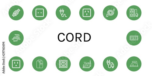 Set of cord icons such as Knot, Socket, Plug, Data cable, Power strip, Ironed, Iron, Jack connector , cord