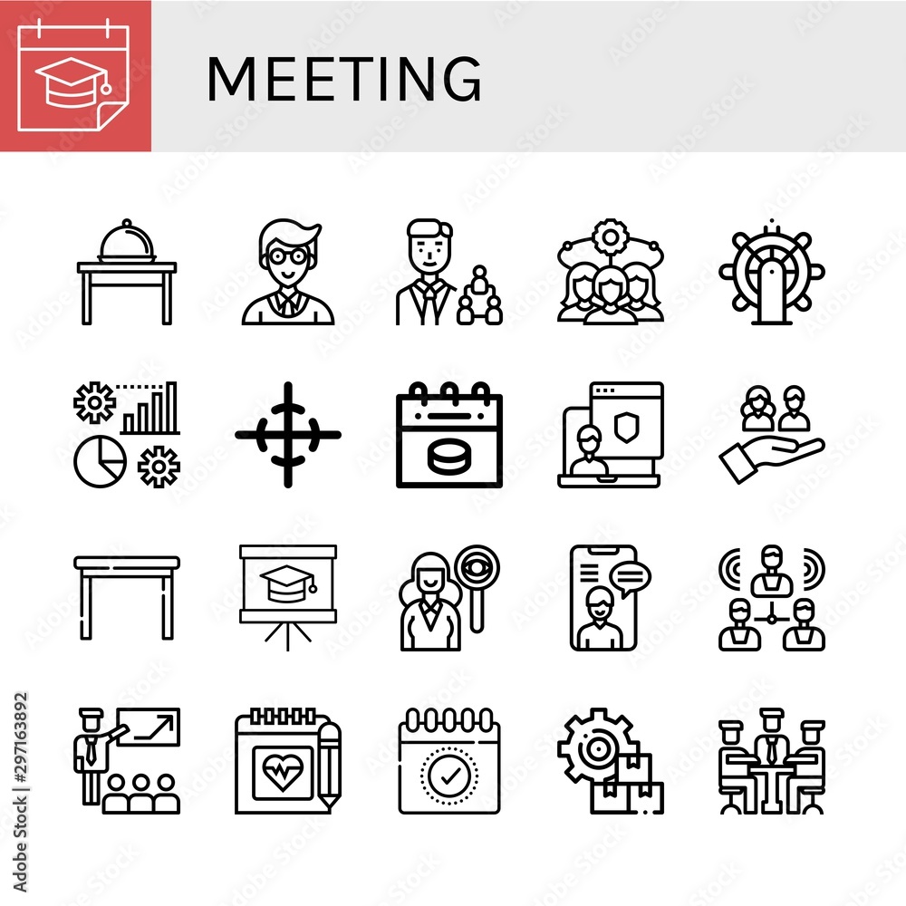 Set of meeting icons such as Calendar, Table, Manager, Team, Leadership, Management, Center of gravity, Administrator, Presentation, Headhunting, Video chat, Group, Schedule , meeting