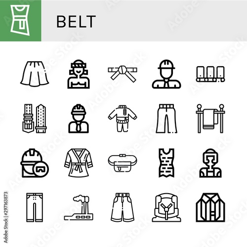 Set of belt icons such as Blouse, Skirt, Muay thai, Black belt, Engineer, Conveyor, Watch strap, Clothes, Trousers, Clothes line, Bathrobe, Belt pouch, Taekwondo, Industry ,