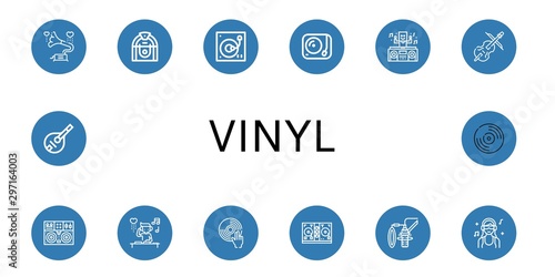 Set of vinyl icons such as Gramophone, Jukebox, Turntable, DJ, Cello, Disc jockey, Dubbing, Mandolin, Vynil , vinyl