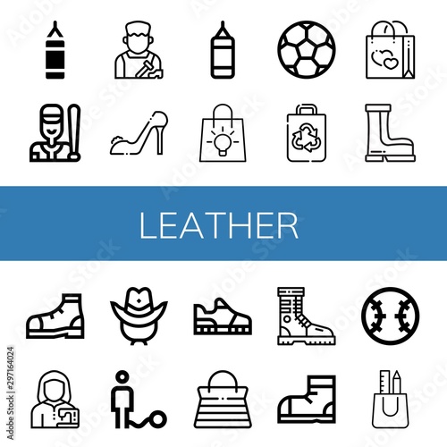 Set of leather icons such as Punching bag, Baseball, Shoemaker, High heels, Bag, Soccer ball, Recycled bag, Boots, Shoe, Tailor, Cowboy hat, Ball, Running shoes, Handbag , leather
