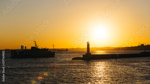 silhouette of steamboat at Istanbul Bosporus, the view from Kadikoy, Asian side of Istanbul